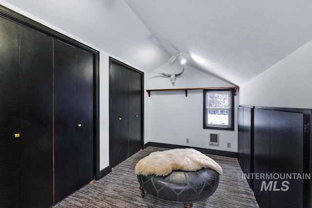 carpeted bedroom featuring heating unit, track lighting, lofted ceiling, and two closets