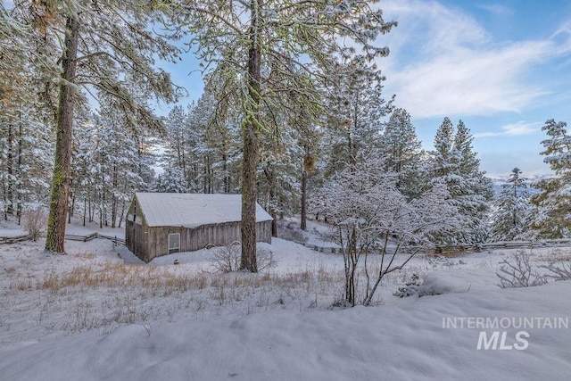 yard covered in snow featuring an outbuilding