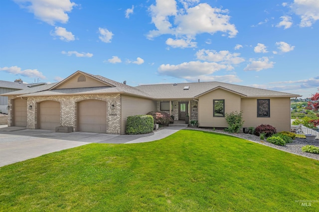 3224 Meadowlark, Lewiston, ID 83501 - ranch-style home featuring a garage, a front yard, driveway, brick siding, and a shingled roof