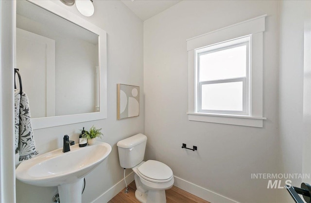 half bathroom featuring a sink, baseboards, toilet, and wood finished floors