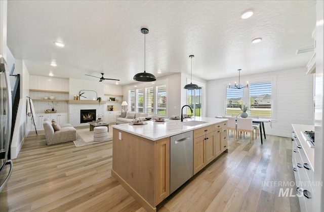 kitchen featuring stainless steel dishwasher, a lit fireplace, plenty of natural light, a sink, and light wood finished floors