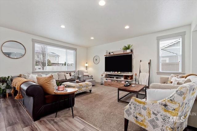 living area featuring wood finished floors and recessed lighting