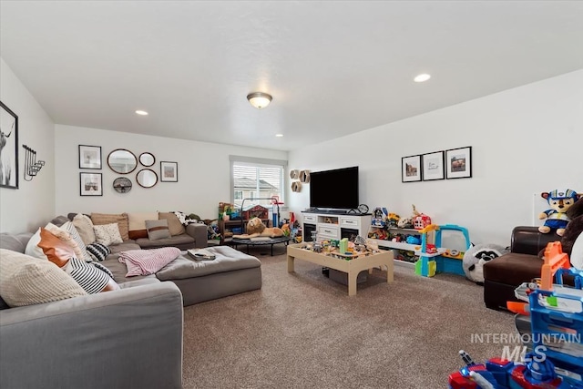 living room with carpet and recessed lighting