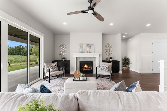 6536 W Flathead Lake St, Eagle, ID 83616 - living area with recessed lighting, wood finished floors, a ceiling fan, and a tile fireplace