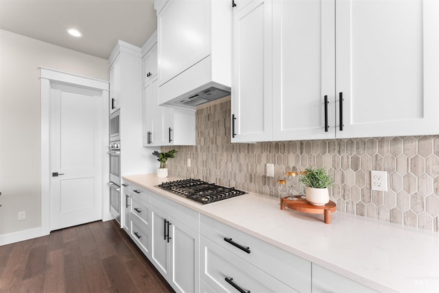 6536 W Flathead Lake St, Eagle, ID 83616 - kitchen featuring appliances with stainless steel finishes, dark wood-style floors, white cabinets, premium range hood, and decorative backsplash
