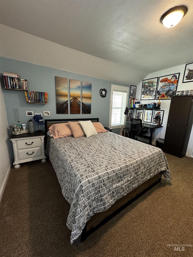 713 California St, Gooding, ID 83330 - bedroom featuring carpet flooring, a textured ceiling, vaulted ceiling, and baseboards