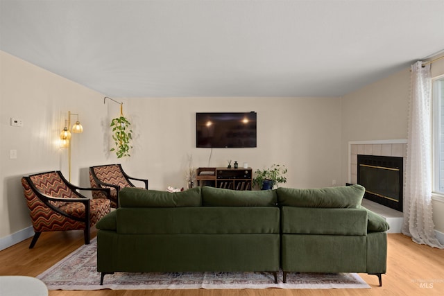 living area featuring baseboards, wood finished floors, and a fireplace