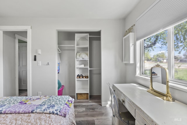 bedroom featuring a closet, baseboards, wood finished floors, and multiple windows