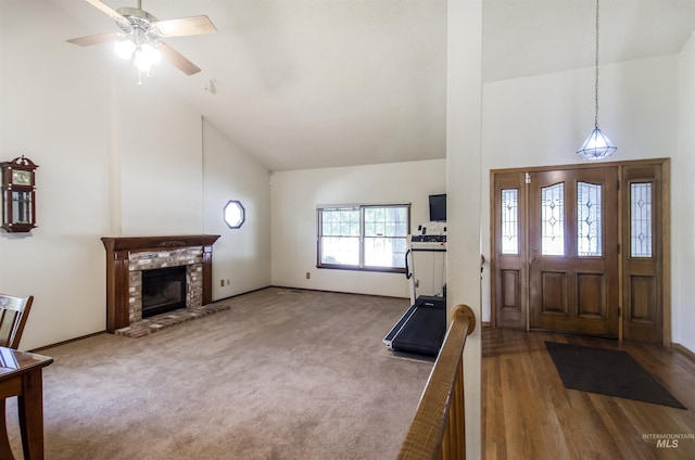 3344 N Tumbleweed, Boise, ID 83713 - entrance foyer featuring high vaulted ceiling, a fireplace, and ceiling fan