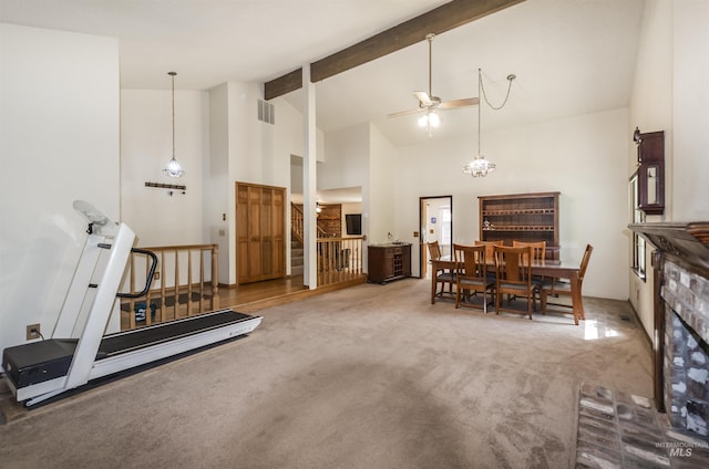 3344 N Tumbleweed, Boise, ID 83713 - carpeted living room with ceiling fan, stairway, beam ceiling, high vaulted ceiling, and a fireplace