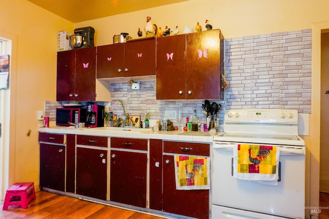 kitchen featuring white electric stove, backsplash, and wood finished floors