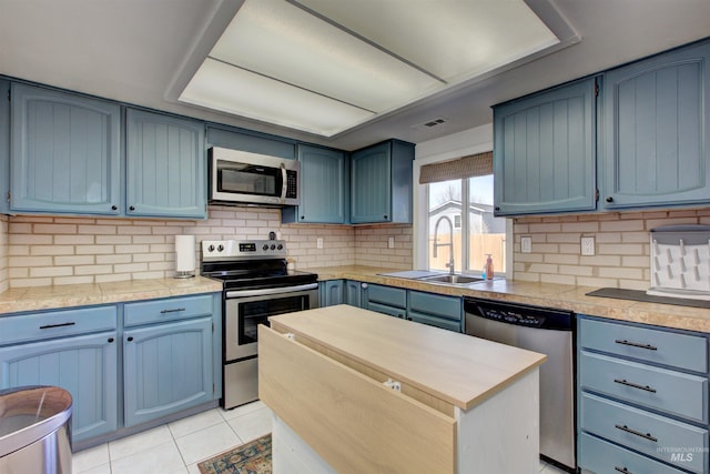 1214 E Pennsylvania Pl, Nampa, ID 83686 - kitchen featuring appliances with stainless steel finishes, blue cabinetry, a sink, and backsplash