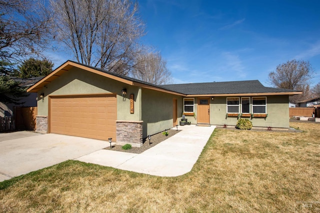 1214 E Pennsylvania Pl, Nampa, ID 83686 - ranch-style home featuring an attached garage, stucco siding, concrete driveway, and stone siding