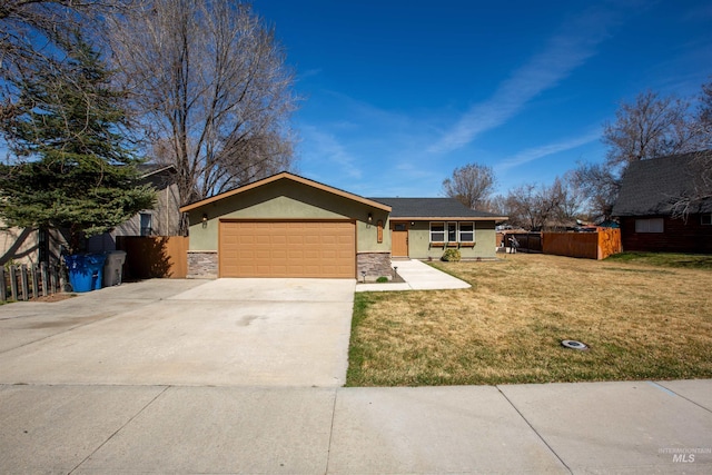 1214 E Pennsylvania Pl, Nampa, ID 83686 - ranch-style home with stucco siding, concrete driveway, a garage, and stone siding