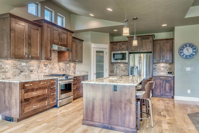 kitchen featuring light wood-type flooring, under cabinet range hood, a sink, and appliances with stainless steel finishes