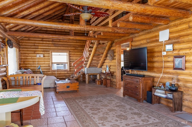 39055 Hilltop Ln, Lewiston, ID 83501 - living area featuring a ceiling fan, wood ceiling, rustic walls, and cooling unit