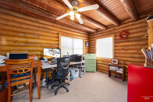 39055 Hilltop Ln, Lewiston, ID 83501 - office featuring wood ceiling with exposed beams, a ceiling fan, carpet flooring, and log walls