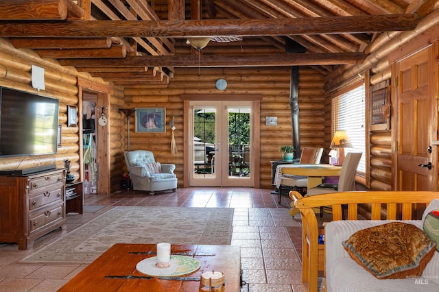 39055 Hilltop Ln, Lewiston, ID 83501 - living room featuring french doors, beam ceiling, and log walls