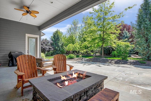 3345 W Dublin St, Eagle, ID 83616 - view of patio featuring an outdoor fire pit, a ceiling fan, a grill, and view of scattered trees