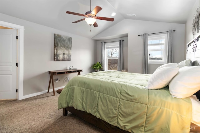 bedroom with baseboards, visible vents, a ceiling fan, vaulted ceiling, and carpet floors