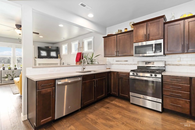 kitchen with stainless steel appliances, dark wood-type flooring, a sink, visible vents, and decorative backsplash