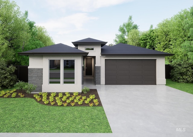 6535 S Evie Way, Eagle, ID 83714 - prairie-style house with stucco siding, driveway, an attached garage, stone siding, and a front lawn