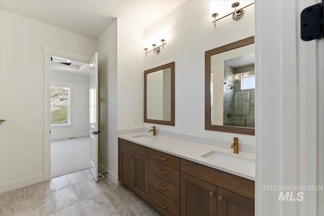 6535 S Evie Way, Eagle, ID 83714 - full bath with a stall shower, double vanity, marble look tile flooring, and baseboards