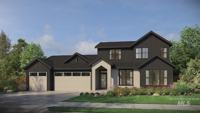view of front of property featuring driveway, a garage, a shingled roof, board and batten siding, and a front yard