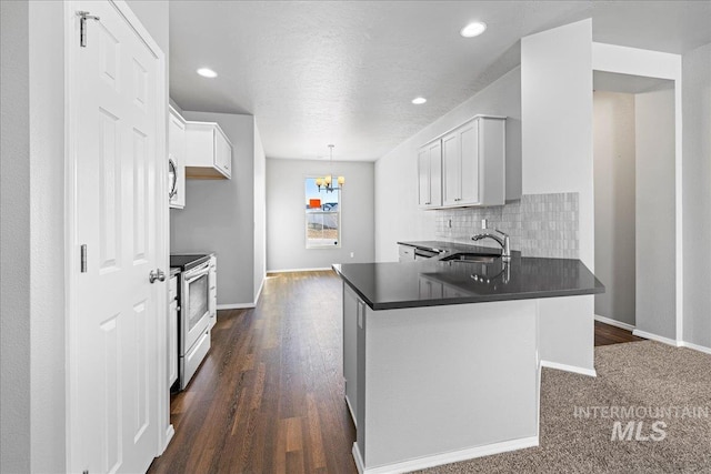 kitchen featuring white cabinetry, sink, decorative backsplash, kitchen peninsula, and stainless steel electric range