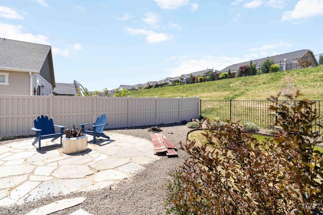 view of patio with a residential view and a fenced backyard