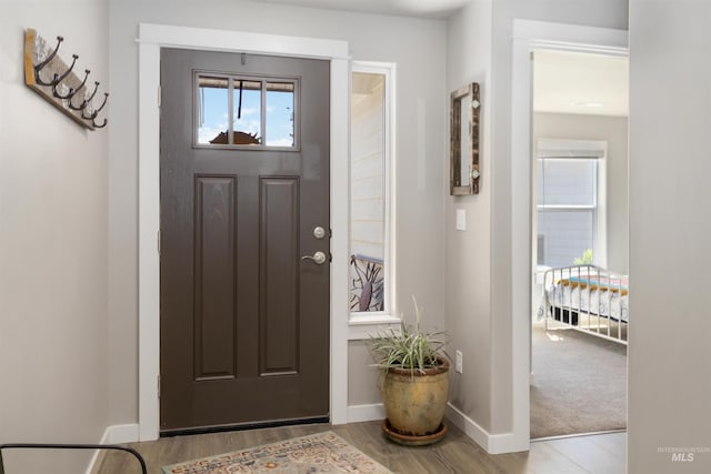 foyer featuring plenty of natural light, wood finished floors, and baseboards
