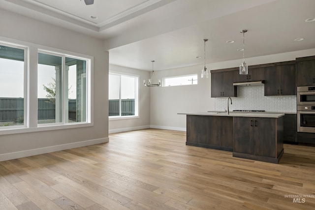 kitchen featuring dark brown cabinets, a kitchen island with sink, light hardwood / wood-style flooring, and tasteful backsplash