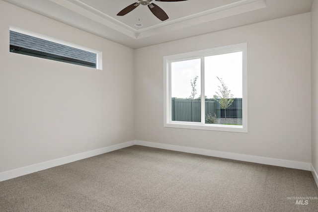 carpeted spare room featuring a raised ceiling and ceiling fan