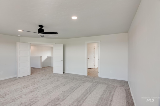 unfurnished bedroom featuring recessed lighting, baseboards, carpet floors, and ceiling fan