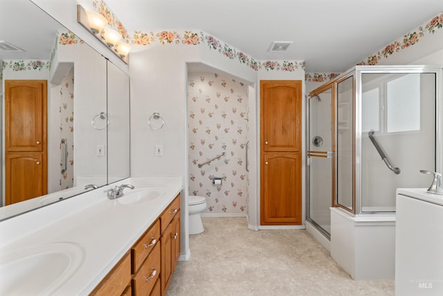 1728 S Labrador Pl, Meridian, ID 83642 - full bath with double vanity, a stall shower, and wallpapered walls