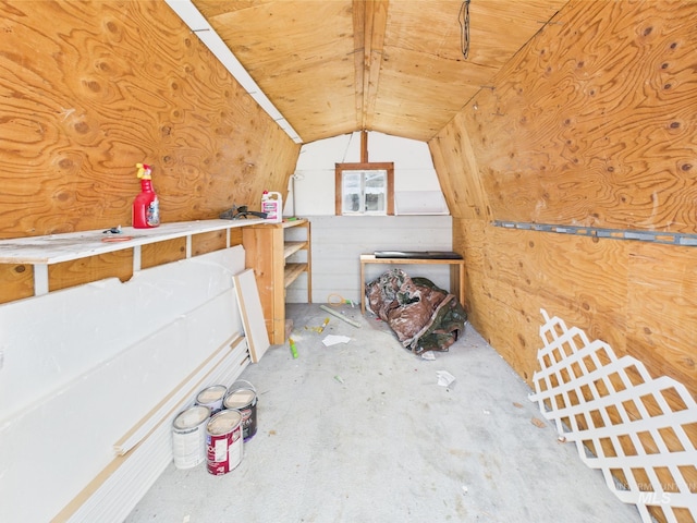 1409 Blane, Emmett, ID 83617 - bonus room with vaulted ceiling, unfinished concrete floors, wooden walls, and wood ceiling