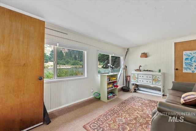 living area featuring carpet and baseboards