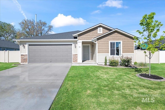 craftsman-style house with concrete driveway, a garage, and stone siding