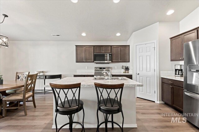 kitchen with stainless steel appliances, a sink, dark brown cabinetry, an island with sink, and a breakfast bar