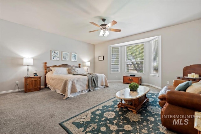 bedroom featuring baseboards, carpet, and ceiling fan