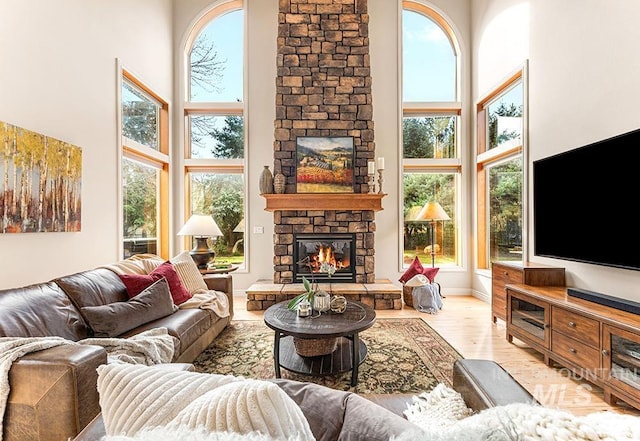 living room with a fireplace, wood finished floors, a towering ceiling, and baseboards