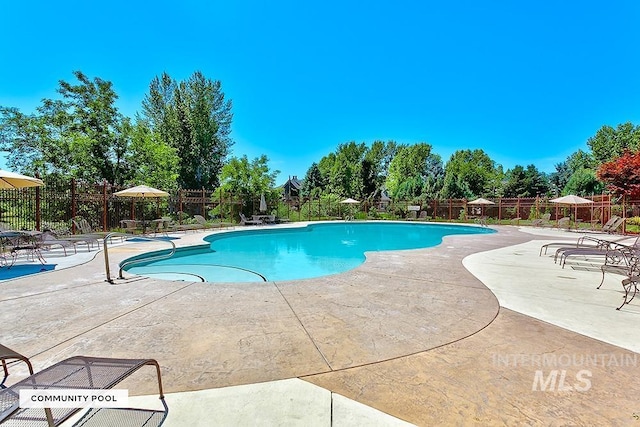 community pool featuring a fenced backyard and a patio