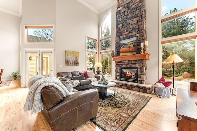 living area featuring a high ceiling, ornamental molding, wood finished floors, and a stone fireplace