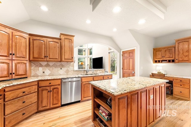 kitchen with open shelves, decorative backsplash, stainless steel dishwasher, a sink, and vaulted ceiling