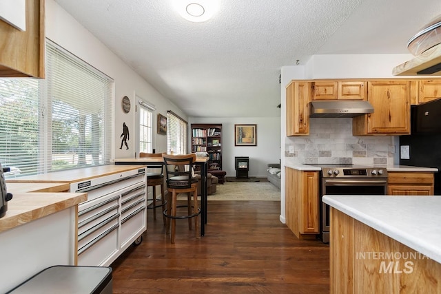 12456 S Lonnie Ln, Kuna, ID 83634 - kitchen with stainless steel electric range, under cabinet range hood, light countertops, freestanding refrigerator, and dark wood-style floors