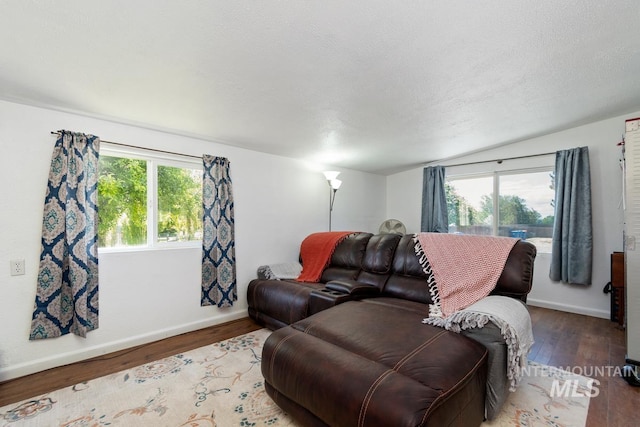 12456 S Lonnie Ln, Kuna, ID 83634 - living area with wood finished floors, baseboards, lofted ceiling, and a textured ceiling