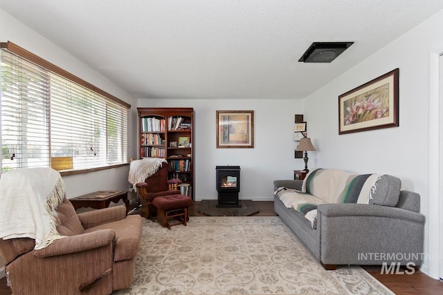 12456 S Lonnie Ln, Kuna, ID 83634 - living area with a wood stove, wood finished floors, and baseboards
