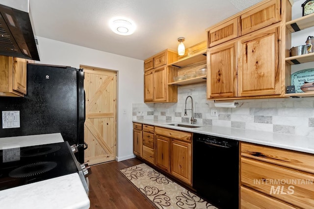 12456 S Lonnie Ln, Kuna, ID 83634 - kitchen featuring open shelves, black appliances, a sink, and extractor fan
