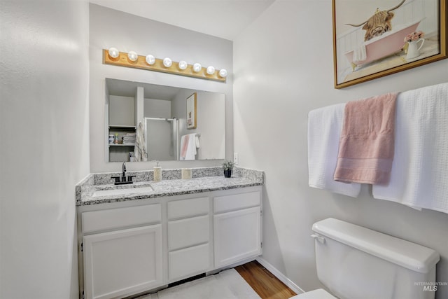 275 Elaine Ave Unit 2, Twin Falls, ID 83301 - bathroom featuring vanity, wood finished floors, toilet, a shower with shower door, and baseboards