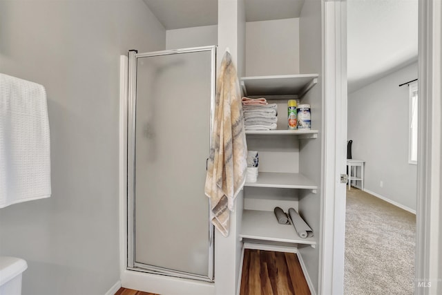 275 Elaine Ave Unit 2, Twin Falls, ID 83301 - bathroom featuring a shower stall, baseboards, and toilet